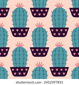 Cute cacti in boho style. Cactus seamless pattern. Trendy boho pattern. Cacti fabric print design. Succulent textile. Flat design, doodle style, Peach Fuzz background