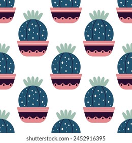 Cute cacti in boho style. Cactus seamless pattern. Trendy boho texture. Cacti fabric print design. Succulent textile. Flat design, doodle style, white background