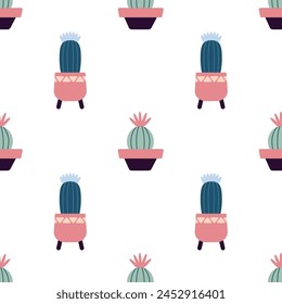 Cute cacti in boho style. Cactus seamless pattern. Trendy boho texture. Cacti fabric print design. Succulent textile. Flat design, doodle style, white background