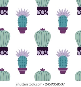 Cute cacti in boho style. Cactus seamless pattern. Trendy boho texture. Cacti fabric print design. Succulent textile. Flat design, doodle style, white background