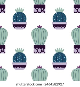 Cute cacti in boho style. Cactus seamless pattern. Trendy boho texture. Cacti fabric print design. Succulent textile. Flat design, doodle style, white background