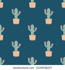 Cute cacti in boho style. Cactus seamless pattern. Trendy boho background. Cacti fabric print design. Succulent textile.