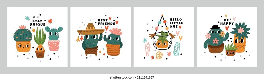 Cute tarjetas de cactus. Graciosos personajes de dibujos animados de plantas espinosas, símbolo mexicano, suculentos y cactús colgantes y florecientes, caras y sombreros bonitos, macetas decorativas, vector