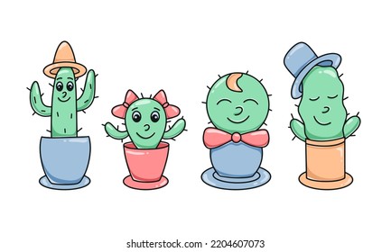 Cute cacti characters clipart. Set cacti in pots cartoon isolated vector illustration. Homemade succulents stickers