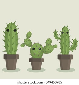 Cute cacti characters. Vector illustration