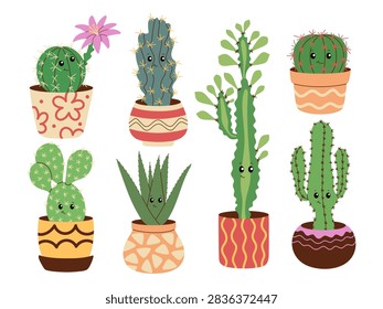 Cute cacti in colorful pots. Flat vector set of smiling desert plants.	