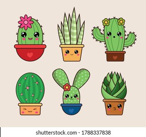 Cute cacti in colorful pots. Thorny cacti with cute eyes and a good-natured smile and multi-colored pots. Fun cartoon characters with heart on cheeks