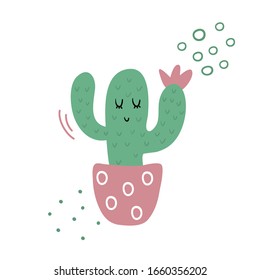 Cute cacti with eyes. Doodles on the background. Plant in a flower pot