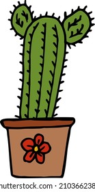 Cute cacti in flower pot on white background. Doodle style. Vector image.