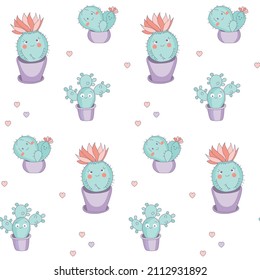 Cute cacti in flower pots. Childish seamless illustration with plants and hearts on a white background.