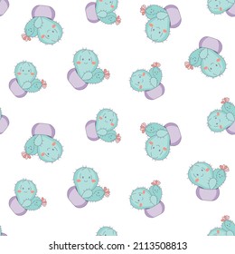 Cute cacti in flower pots childish seamless pattern. Illustration with characters of plants on a white background.