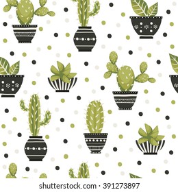 Cute cacti, flowerpots. Butterflies. Seamless pattern with cute cacti. Nature,spring.  All elements are  hidden under mask. Pattern are not cropped and can be edited. Cute vector illustration.