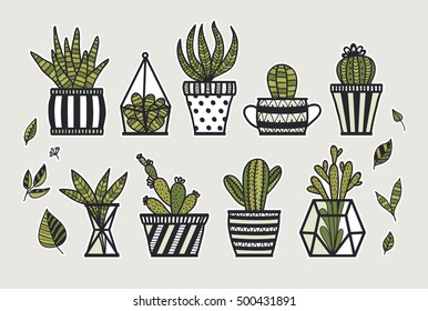 Cute cacti, flowerpots. Hand drawn vector set. 