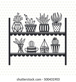 Cute cacti, flowerpots. Hand drawn vector set. 