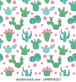 Cute cacti in flowerpots. Seamless pattern with potted cactus. Edited elements. Flat hand drawn doodle vector illustration
