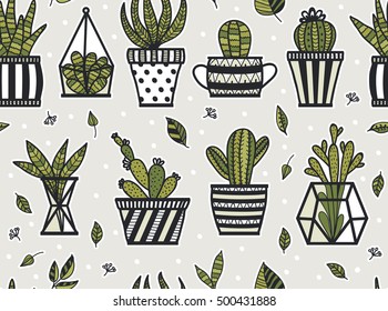 Cute cacti, flowerpots. Seamless pattern with cute cacti.  All elements are  hidden under mask. Pattern are not cropped and can be edited. Cute vector illustration.