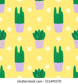 Cute cacti, flowerpots. Seamless pattern with cute cacti. Nature,spring. Cute vector illustration. 