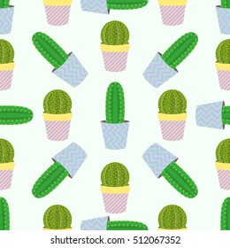 Cute cacti, flowerpots. Seamless pattern with cute cacti. Nature,spring. Cute illustration.