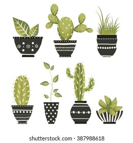 Cute cacti, flowerpots. Vector set