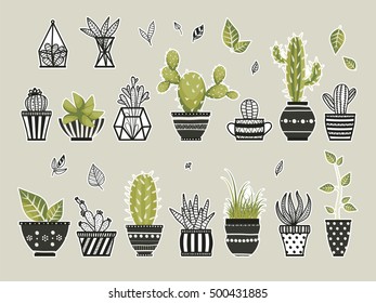 Cute cacti, flowerpots. Vector set. Cute doodles stickers.