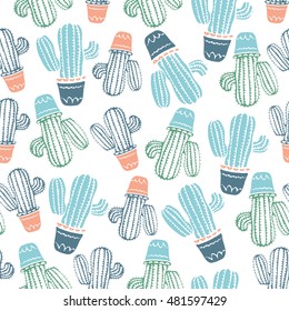 Cute cacti, flowerpots,cactus/hand drawn vector seamless pattern/can be used for kid's or baby's shirt design/fashion print design/fashion graphic/t-shirt/kids wear