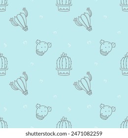 Cute cacti pattern in doodle style.Vector illustration Seamless pattern for printing. Nice children's background. Cactus a blue background 