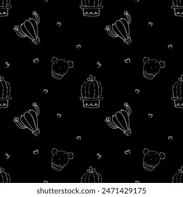 Cute cacti pattern in doodle style.Vector illustration Seamless pattern for printing. Cactus black and white background.For textile prints, wrapping paper, etc. 