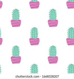 Cute cacti in pink spot illustration. Houseplants seamless pattern