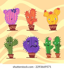Cute cacti in pots. Cartoon illustration. Illustration for children. Drawing in children's style