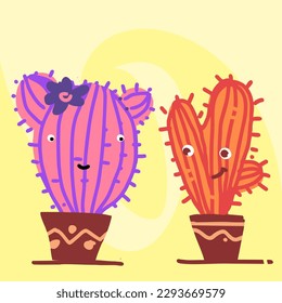 Cute cacti in pots. Cartoon illustration