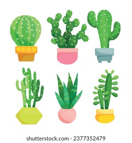 Cute cacti in pots and with plants Indoor plants, succulents. Prickly plants in cartoon style vector illustration isolated on white background.