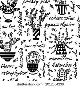 Cacti lindo en ollas sin fisuras de patrón vectorial. Cactus dibujado a mano sobre un fondo blanco. Borde negro de una planta exótica. Esbozo botánico con texto. Suculentas garabatos. Arte de línea de equinocactus. 