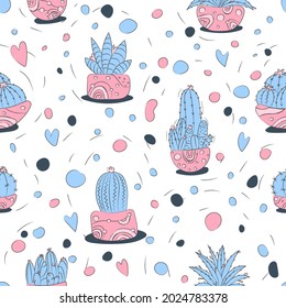 Cute cacti in pots - vector seamless pattern. Summer abstract modern cactuses isolated in background. For printing baby textiles, fabrics. Trendy hand draw scandinavian cartoon style.