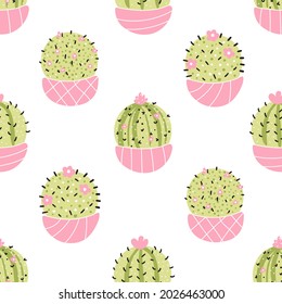 Cute cacti in pots - vector seamless pattern. Summer abstract modern cactuses isolated in background. For printing baby textiles, fabrics. Trendy hand draw scandinavian cartoon style.