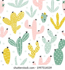 Cute cacti seamless pattern isolated on white background hand drawn Scandinavian style vector illustration.