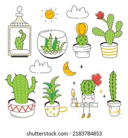 Un juego de cactus lindo. El diseño es perfecto para pegatinas o tarjetas. Ilustración aislada de vectores en un fondo blanco.