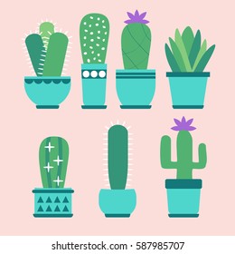 Cute cacti set in flowerpots. Vector illustration. Scandi style.