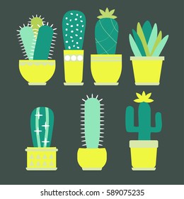 Cute cacti set in flowerpots. Vector illustration. Scandi style.