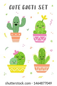 Cute cacti set. Potted cactuses with funny faces. Perfect for stickers, prints or cards. Vector illustration.