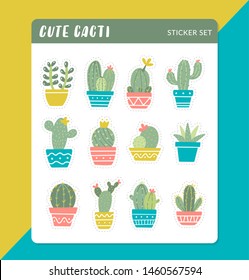 Cute cacti sticker set. Cactuses in retro colors. Ideal for diaries and notebooks. Vector illustration.