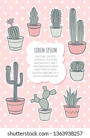 Cute cacti and succulent in pots. Card design. Vector doodle illustration. 