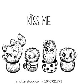 Cute cacti vector illustration. Smiling characters print collection. Hand drawn sketch.