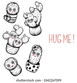 Cute cacti vector illustration. Smiling characters print collection. Hand drawn sketch