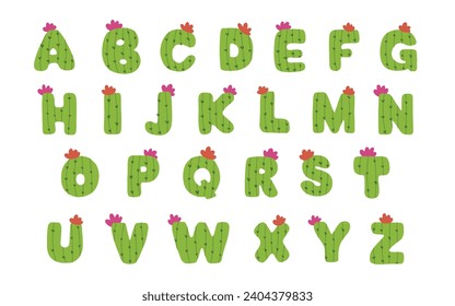 Cute cactus alphabet flower font colorful letter