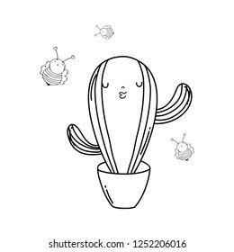 cute cactus with bees kawaii character