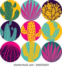 Cute cactus. Big polka dot. Vector seamless pattern.