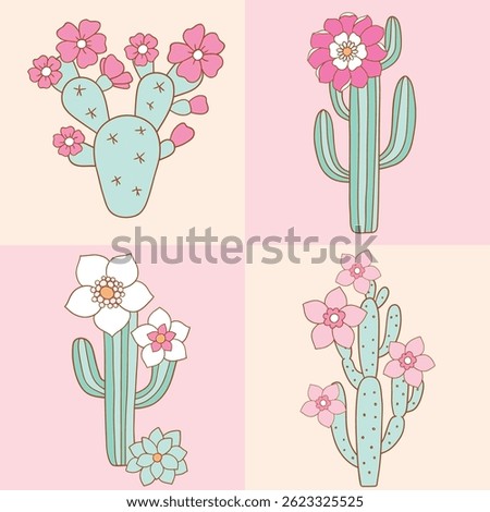 Cute cactus in bloom. Hand drawn vector cacti. Succulent and cactus arrangement. Perfect for tee shirt logo, greeting card, poster or nursery print design. EPS 10 vector file.