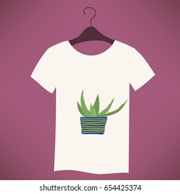 Cute  cactus in a blue pot. Design of the layout of the print on the T- shirt. Cactus collection.