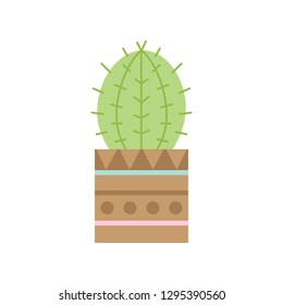 Cute cactus in brown plant pot with pattern, vector illustration. Isolated succulent, web or print icon. 