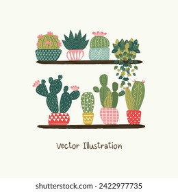 cute cactus cacti on shelf hand drawing clipart element vector illustration for decoration invitation greeting birthday party celebration wedding card poster banner textiles wallpaper background